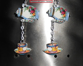 Vintage Tea Pot Pouring into Cup Earring Dangles (MATCHING NECKLACE AVAILABLE)