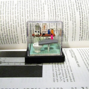 May include: A miniature diorama of a bathroom with a toilet, sink, and a table with various medical supplies. The diorama is encased in a clear plastic cube with a black base. The text "Post in case of emergency" is visible on a red and white sign.