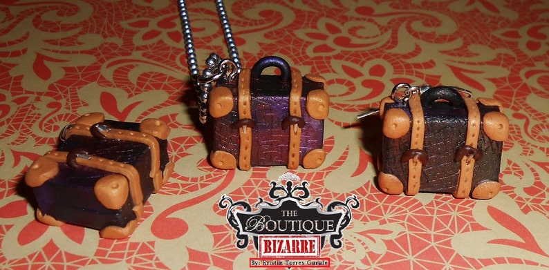 metallic finish with gold accents /&buckle lightweight Miniature Luggage Necklace andor earrings set vintage fans adorable for travelers