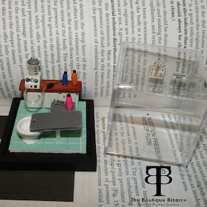 May include: A miniature model of a medical embalming room with a small toilet, a table with a small embalming machine, and a clear plastic box with a diagram of the human body and the text "Embalming Diagram" on the box.