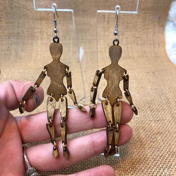 Articulated Mannequin earring dangles with moveable joints stained wood earrings Dolls oddities handmade wooden jewelry jointed human figure