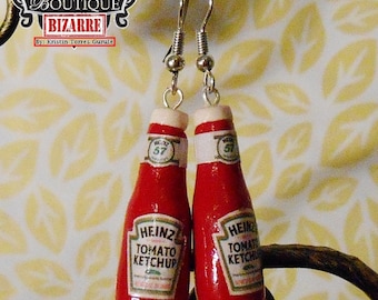 Miniature Ketchup Bottle Earring Dangles, Miniature Polymer Clay Food! cute! Retro Heinz Ketchup Glass Bottles