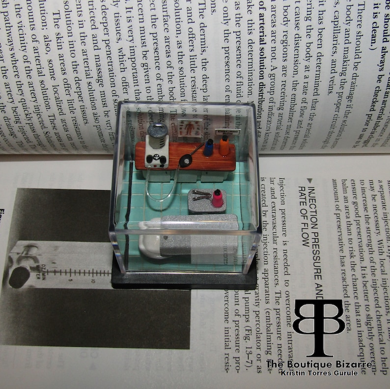 May include: A miniature diorama of a medical embalming room. The diorama is encased in a clear plastic cube with a teal tiled floor. The room features a small table with a miniature embalming machine, a sink, and a pair of pliers. The diorama is a unique and detailed representation of a medical procedure.