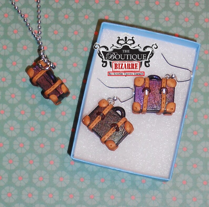 metallic finish with gold accents /&buckle lightweight Miniature Luggage Necklace andor earrings set vintage fans adorable for travelers