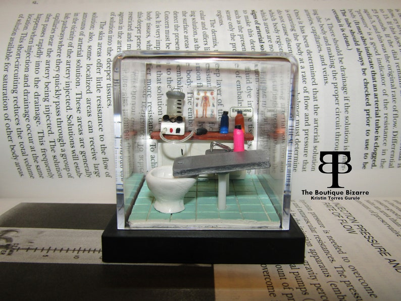 May include: A miniature diorama of an embalming room. The diorama is enclosed in a clear acrylic cube with a black base. The diorama features a small white toilet, a sink, a table with a bottle of pink fluid, and a sign that reads "Embalming Room".
