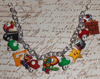 Mario Charm Bracelet- Mushrooms, Mario, Stars, Ghost, Toad, question box, Fire Flower, gamers, nerds, jewelry for nerds, mario jewelry