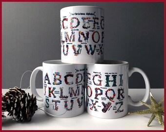 The Christmas Alphabet - Handprinted ceramic mug, Christmas gift idea, xmas, mugs, Christmas decor, secret santa gift, stocking filler