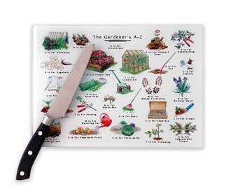 Gardener's Alphabet Cutting Board. Glass Chopping Board New Home Gift. Gardening Gifts for Women, Gardening Gifts for Men. Garden Gifts