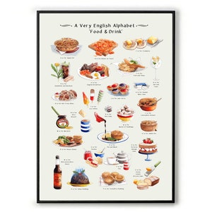 English Alphabet 'Food & Drink' Print. England Print, British Gift. Leaving Gift for England, Kitchen Wall Art. New Home Gift, Food Print