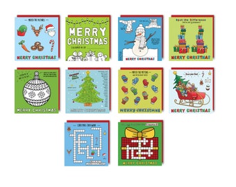 Kids Christmas Card Pack. Pack of 10 Chrildren's Christmas Cards. Puzzle Christmas cards, Christmas Activity Pack for Kids. Holiday Cards