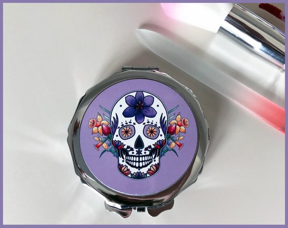Sugar Skull Makeup Mirror Choice Of Two Colours Lilac And Sugar Skull Makeup Mirror Choice Of Two, Sugar Skull Compact Mirror