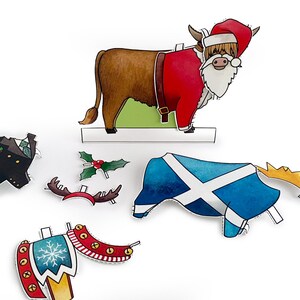 May include: A printable paper craft set featuring a Highland cow dressed as Santa Claus. The set includes a Santa hat, beard, and a red and white suit. There are also additional pieces like a holly sprig, reindeer antlers, and a Scottish flag.