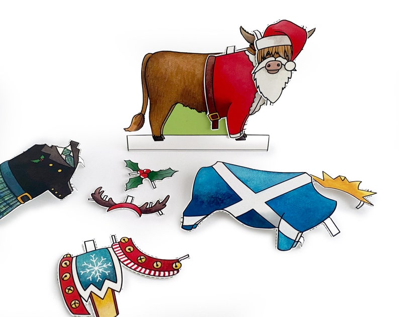 May include: A printable paper craft set featuring a Highland cow dressed as Santa Claus. The set includes a Santa hat, beard, and a red and white suit. There are also additional pieces like a holly sprig, reindeer antlers, and a Scottish flag.