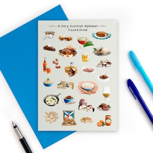 Carte de voeux « Nourriture et boisson » en alphabet écossais - Scottish New Home Cards, Scotland New Home Card. Carte d'anniversaire écossaise - Cuisine écossaise