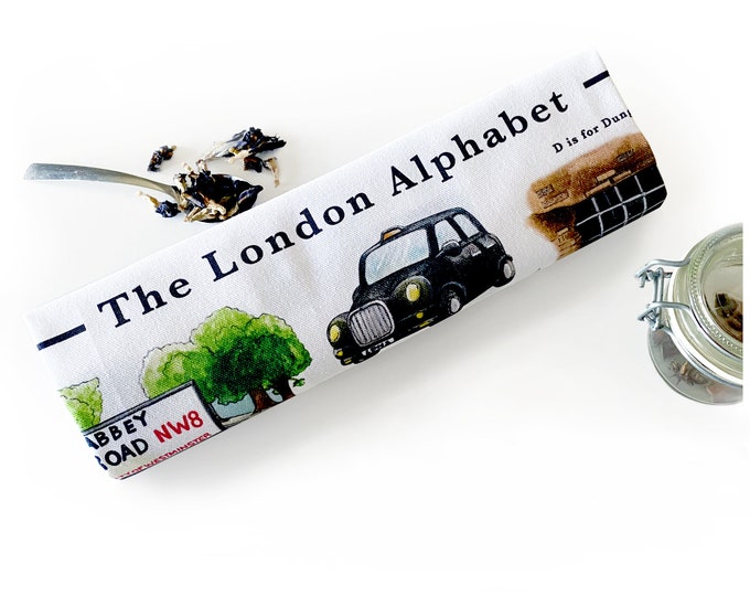 London Alphabet Tea Towel. London New Home Gift or London Souvenir. British Gift Cotton Tea Towel, Britain Gifts. London Housewarming Gift