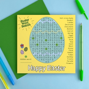 Wortsuch-Osterkarte. Kinder Osterkarte. Ostern-Ideen, Ostern für die Schule. Lustige Osterkarten für die Osterbox. Ostereier Karte.
