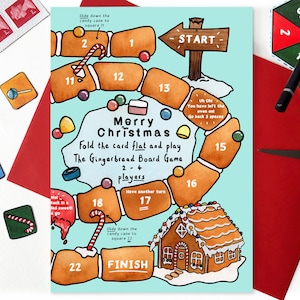 Lebkuchen Brettspiel Weihnachtskarte Kind. Familien Spaß Aktivitätskarte. Einzigartige Weihnachtskarte mit Familienspiel