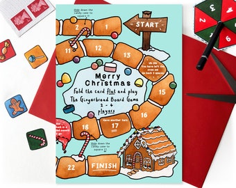 Gingerbread Board Game Christmas Card Child. Family Fun Activity Card. Unique Holiday Card with Family Game Quirky Christmas Board Game Card