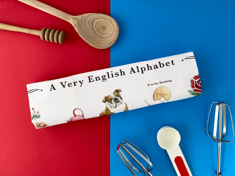 Engelse alfabet theedoek. Engeland theedoek. Britse geschenken theedoek. Cadeau achterlaten, of cadeau voor een nieuw huis. Brits cadeau voor familie in het buitenland afbeelding 5