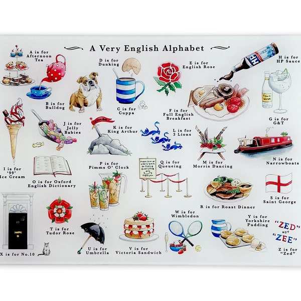 Une planche à découper en verre alphabet très anglais. Planche à découper Cadeau de pendaison de crémaillère ou cadeau de départ Angleterre Royaume-Uni. Cadeau britannique, Cadeaux britanniques Royaume-Uni