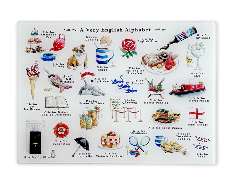 A Very English Alphabet Glass Cutting Board. Chopping Board Housewarming Gift or Leaving Gift England UK. Britain gift, British Gifts UK zdjęcie 1