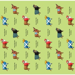May include: A green background with a repeating pattern of brown Highland cows wearing different festive outfits. The cows are wearing a Santa suit, a kilt, a Scottish flag, and a blue and white winter outfit. The text "Have a Braw Wee Christmas" is repeated throughout the pattern.