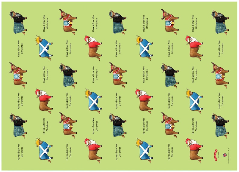 May include: A green background with a repeating pattern of brown Highland cows wearing different festive outfits. The cows are wearing a Santa suit, a kilt, a Scottish flag, and a blue and white winter outfit. The text "Have a Braw Wee Christmas" is repeated throughout the pattern.