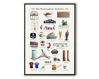 The Birmingham Alphabet Print. Signed Fine Art Print, Living Room Wall Art, Leaving Gift or New Home Gift Idea. Birmingham UK Wall Art