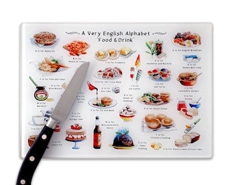 Englisches Alphabet - Essen & Trinken Glas Schneidebrett. Neues Zuhause Geschenk, Umzugsgeschenk oder Abschied Geschenk England UK. Großbritannien Geschenk, britische Geschenke