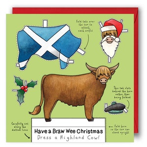 Dress a Highland Cow Christmas Card. Scottish Christmas Card.Scottish Cow Christmas Card. Scotland Christmas Card. Scottish Cow Christmas
