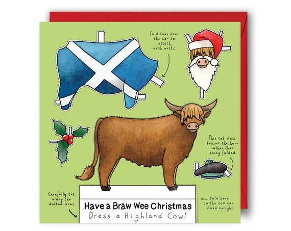 Dress a Highland Cow Christmas Card. Scottish Christmas Card.Scottish Cow Christmas Card. Scotland Christmas Card. Scottish Cow Christmas