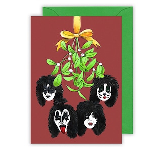 Kuss unter dem Mistelzweig, Lustige Weihnachtskarte. Kiss the band, Gene Simmons Wortspiel Karte. Lustige Weihnachtskarte für Mann. Rock n Roll Weihnachten
