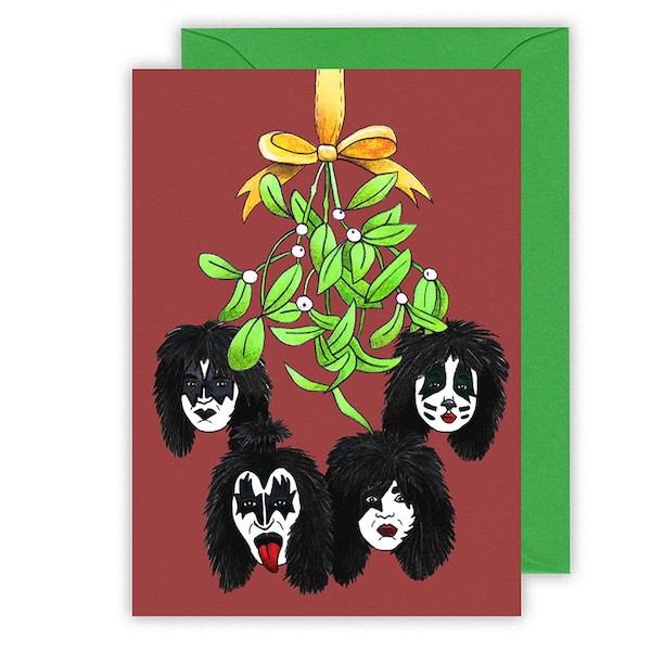 Kiss Under the Mistletoe, Funny Christmas Card. Kiss the band, Gene Simmons Pun Card. Funny Holiday Card for Husband. Rock n Roll Christmas