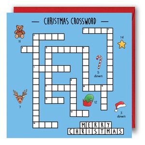 Weihnachtskreuzworträtsel, Kinderweihnachtspuzzlekarte. Weihnachtsaktivitätskarten, Puzzle für Kinderferienkarte. Weihnachtskarten für Kinder