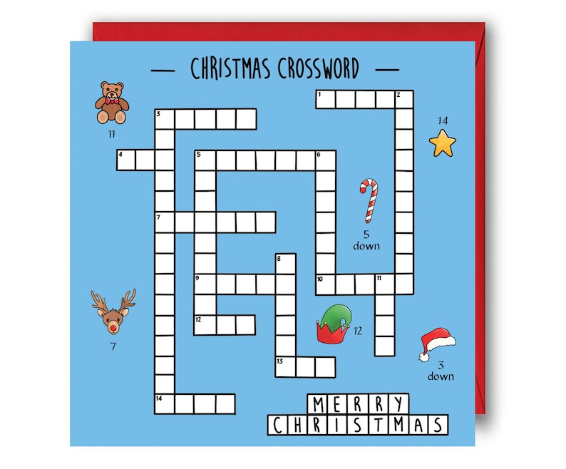 May include: A blue and white Christmas crossword puzzle with a teddy bear, reindeer, candy cane, elf hat, and Santa hat. The puzzle says "Merry Christmas" at the bottom.