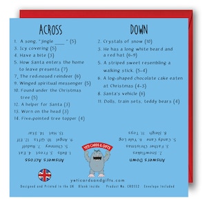 May include: A blue and red Christmas-themed crossword puzzle card with a Yeti illustration. The card features the words "Jingle All The Way" and "Answers Across" and "Answers Down".