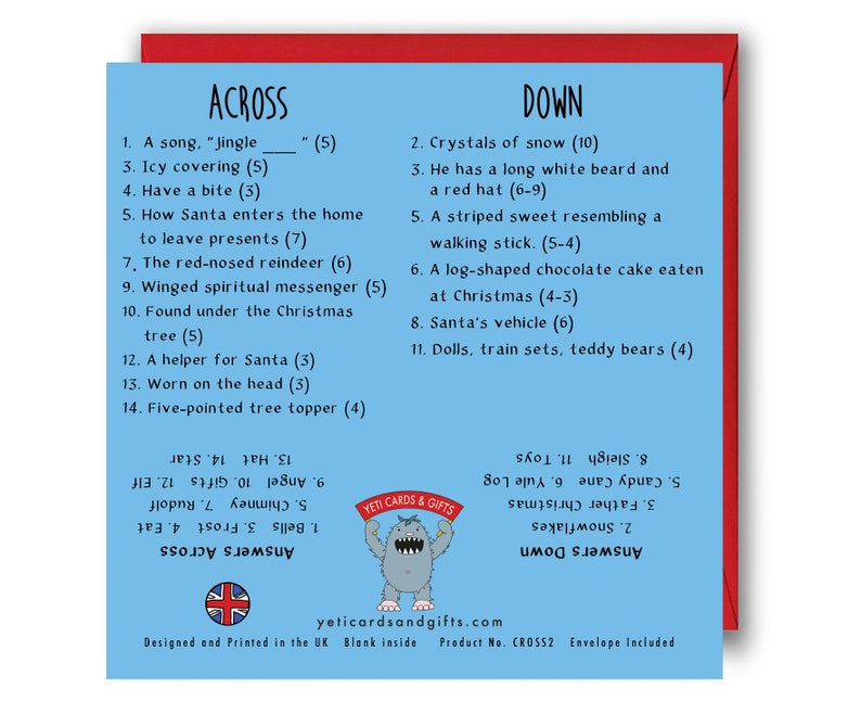 May include: A blue and red Christmas-themed crossword puzzle card with a Yeti illustration. The card features the words "Jingle All The Way" and "Answers Across" and "Answers Down".