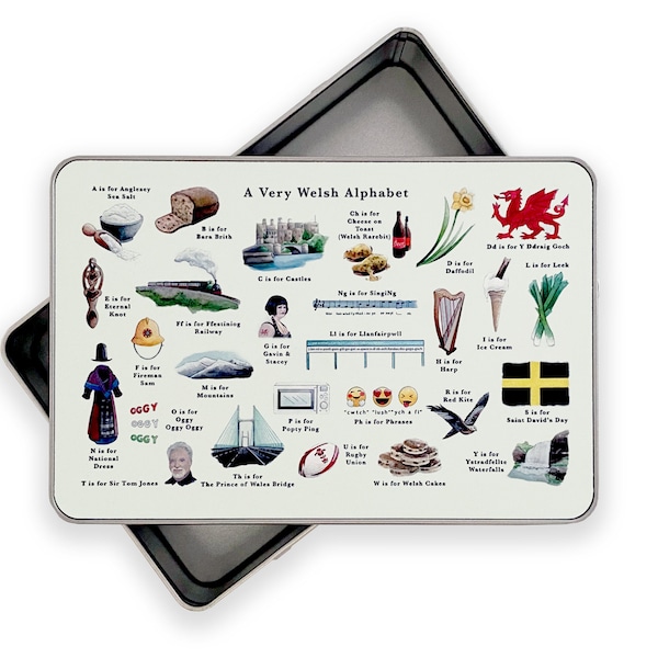 Welsh alfabet metalen opbergblik. Welsh cadeau voor mannen of Welsh verjaardagscadeaus voor haar. Wales geschenkblik, Welsh Gifts UK. Nieuw huiscadeau Wales