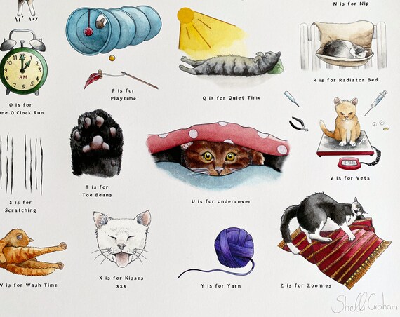 The Cat's Alphabet Signed Art Print. Cat Wall Art, Cat Gifts for