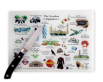 London Alphabet Cutting Board. British Gift - Glass Chopping Board. London New Home Gift. Leaving London Gifts. British Gifts / Expat Gift