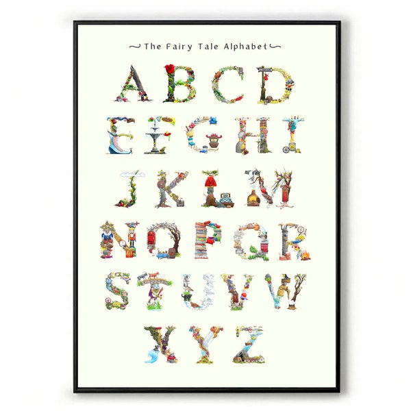 Fairy Tale Alphabet Learning Chart. New baby gift, Christening gift or Baby Shower Gift. A3 Alphabet Wall Art, Nursery Wall Art A3 Print