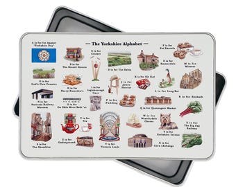 Yorkshire Alphabet Metal Storage Tin. Yorkshire New Home Gift or Teacher Gift. Yorkshire Gifts for Him, Yorkshire Gifts for Her. Leeds Gifts