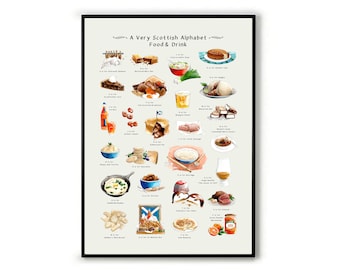 May include: A colorful illustrated alphabet poster featuring Scottish food and drink. Each letter of the alphabet is paired with a traditional Scottish dish or beverage, such as Aberdeen Angus steak, Cranachan, and Scotch whisky.