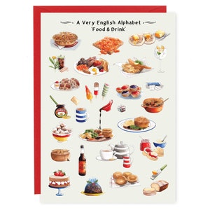 Carte de voeux alphabet anglais alimentaire. Carte Angleterre Royaume-Uni. Carte pour nouvelle maison, carte de déménagement, carte de remerciement. Carte britannique, carte de citoyenneté ou carte d'expatrié.