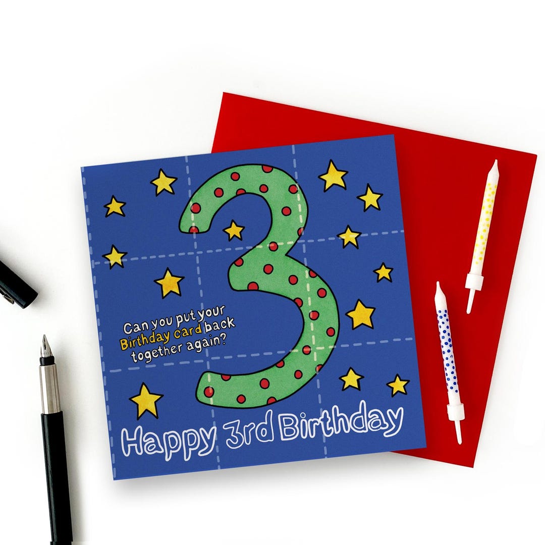 3rd Birthday Card. Fun Kids Jigsaw Birthday Card, Happy Birthday Number ...