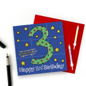 3e carte d'anniversaire. Carte d'anniversaire puzzle amusante pour enfants, cartes de joyeux anniversaire numéro 3. Carte pour 3e anniversaire de garçon, carte pour 3e anniversaire de fille