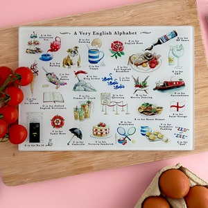 A Very English Alphabet Glass Cutting Board. Chopping Board Housewarming Gift or Leaving Gift England UK. Britain gift, British Gifts UK zdjęcie 3