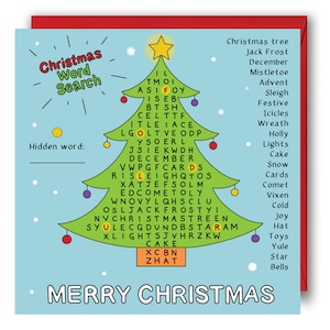 Kinder Weihnachtskarte, Weihnachtliche Wortsuchrätsel Karte. Weihnachtsaktivitätskarten, Puzzle für Kinderferienkarte. Weihnachtskarten für Kinder