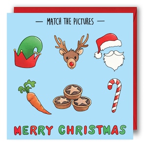 Weihnachtskarte für Kinder - Kreuze die Bilder an. Weihnachtsaktivitätskarten, Puzzle für Kinderferienkarte. Weihnachtskarten für Kinder