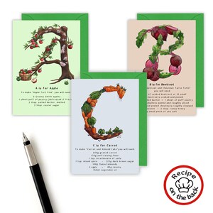 Carte d'anniversaire recette pour elle. Carte de voeux de fruits et légumes. Cartes pour les gourmets, carte d'anniversaire végétarienne. Carte avec initiales personnalisées
